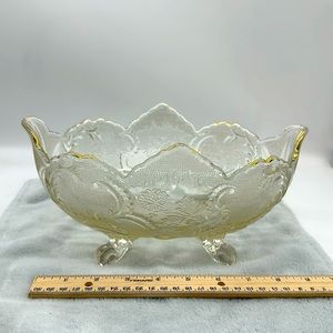 Vintage Oval Heavy Pressed 4-Footed Glass Bowl with Floral Design and Gold Trim